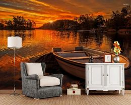 Wallpapers Papel De Parede Scenery Sunrises And Sunsets Lake Boats Sky Nature Wallpaper Living Room Bedroom TV Sofa Wall Bar 3d Mural
