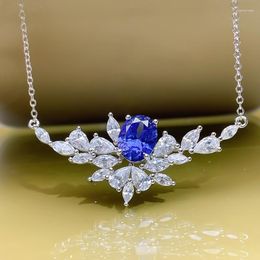 Chains Style 925 Sterling Silver 5A Zircon Sapphire Necklace Oval 7 9 Flower Design High-quality Female