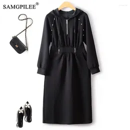 Casual Dresses 2023 Autumn Winter Black Womens Air Cotton Hooded Waist Mid Length Rivet High Elastic Female Dress 4XL