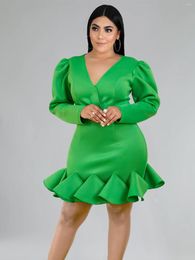 Plus Size Dresses V Neck Green Long Sleeve Sheath Bodycon Package Hip Ruffles Cocktail Evnt Party Gowns 3XL 4XL Outfit For Women