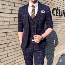 Men's Suits Blazers JacketVestPants Men Spring Half Sleeve Plaid Business Suits/Male Slim Fit Fashion Groom Wedding Dress Blazers Add Size S-4XL 231101