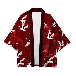 Ethnic Clothing Plus Size 6XL 5XL 4XL 3XL Red Crane Print Loose Japanese Cardigan Women Men Harajuku Kimono Cosplay Tops Blouse Yukata 230331