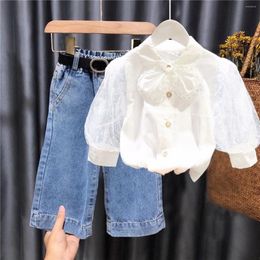 Clothing Sets Children's Shirt 2023 Spring Girl Baby Cute Puff Sleeve Bow Long Jeans