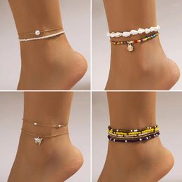 Anklets Beach Conch Shine Zircon Butterfly Ankle Chain Fashion Set Mutil Layer Colourful Rice Bead Women Girl Jewellery Boho