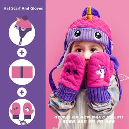 Scarves Wraps Dinosaur Unicorn Style Kids Winter Hats Scarfs Baby Winter Cap Children Warm Gloves For Boys Girls Suit Hat Scarf And Gloves 231031