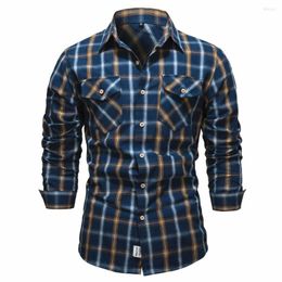 Men's Casual Shirts Men Shirt Lapel Single Spring And Summer Breasted Business Comfort Cheque Print Pocket Slim Fit Pullover Long Sleeve