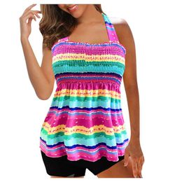 Women's Swimwear Bikini 2023 Tankini Large Pleated Set Lace-up Digital Stripe Tie Dye Print Suspender Beach Split Swimsuit