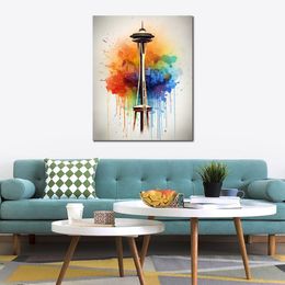 World Famous Building Space Needle Modern Colourful Pencil Script Art Canvas Print Picture Poster for Bedroom Wall Decor