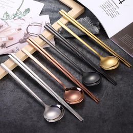 Dinnerware Sets Western Long Handle Chopsticks Round Spoon Cutlery Set 304 Stainless Steel Solid Colour Tableware Utensils For Kitchen