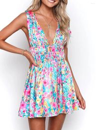 Casual Dresses Women Sleeveless Printed Dress Y2k Floral V Neck Bodycon Tank Short Backless Straps Boho Long Cottagecore