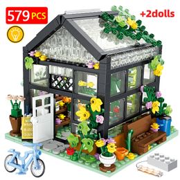 Blocks City Street View Creative Coffee Shop House Flower Building Block Architecture Bricks with LED Light Sets toys for Girls 230331