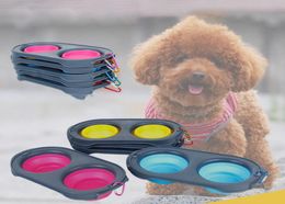 Travel Easy To Carry Dog Feeders Folding Bowl Dualuse Silicone Double Basin Pet Supplies Cat Food Nonslip Eating Utensils9812311
