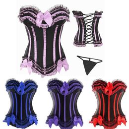 Women Sexy Tier Lace Ruffle with Bows and Panels Details Overbust Satin Lace up Corset Bustier Dancing Clubwear Big Plus Size S-6X326e