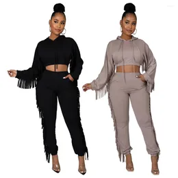 Women's Two Piece Pants 2023 Fashion Pure Color Set Women Street Girl Style Sets Long Sleeve Hooded Collar Top Elastic