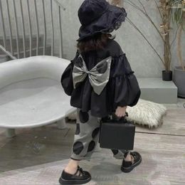 Clothing Sets Baby Girl Spring Autumn Big Bow Tops Dot 2pcs Suits Kids Puff Sleeves Fashion Blouser Children Clothes 2023 Wz553