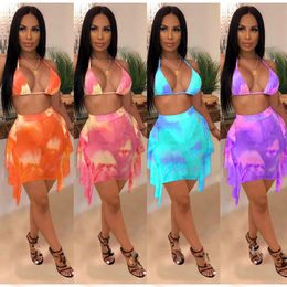 Women's Swimwear 2PCS/SET Mesh See Through Beachwear Sexy Women Tie Dye Bra Top Ruffles Short Bottom Bikini Cover-upsWomen's