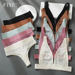 Bras Sets FINETOO Sexy Mesh Bra Set Deep V Tops Low Waist Thongs Underwear Suit Girls Wireless Bralette Gstring Underpants S2XL 231031