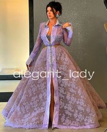 Lilac Lavender French Lace Prom Dress for Women Long Sleeve Crystal Standard Neck Front Slit Arabic party Guest Evening Gown