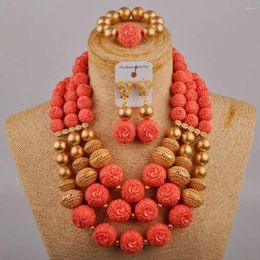 Necklace Earrings Set Nigeria Wedding Pink Coral Round Bead Dress Accessories African Bride Jewelry AU-533