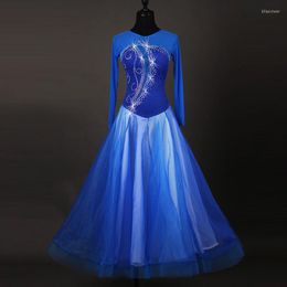 Stage Wear 2023 Women Standard Ballroom Dance Dress Blue Organza Skirt Sex Sequin Costumes Flamenco Waltz MQ032