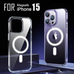 Wireless Magnet Ultra Clear Phone Case For iPhone 15 14 13 12 11 Pro Max Mini XS XR 7 8 Plus SE Magnetic Charging Case Acrylic PC Back Cover
