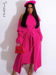 Casual Dresses Elegant Belt Coral Fleece Women Long Cardigan Dress 2 Piece Set 2023 Autumn Full Sleeve Lapel Coat Sets Female Outfits