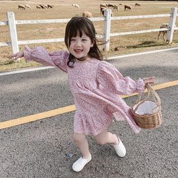 Girl Dresses Girls Spring Long Puff Sleeve Floral Printed Dress For Kids Casual Clothes Toddler Children Clothing 1-8Y