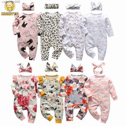 Jumpsuits 2pcs Baby Girls Romper Infant Clothing Cute Print Long Sleeve Jumpsuit with Headband Newborn Clothes OutfitsL231101