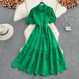 Spring Korean version wispy hollow high waist dress shows thin bubble sleeve doll neck dress Elegant temperament Holiday swing dress