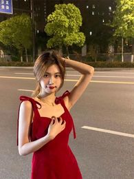 Casual Dresses Korean Vintage Hepburn Backless Red Women Elegant Suspender Dress Summer Vacation Off Shoulder Mini