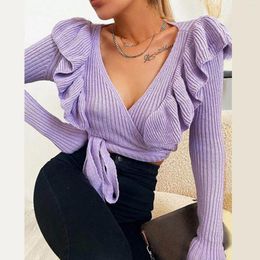 Women's Sweaters Women 2023 Autumn Sexy Ruffles Deep V-Neck Sweater Loose Long Sleeve Top Vintage Solid Crossed Party Knitting Shirt