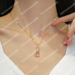 European and American Curved Ear Rabbit Hug Love Crystal Pendant Necklace for Women Fashion Pink Rabbit Animal Jewellery Gift