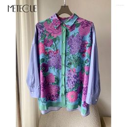 Women's T Shirts Tropical Floral Print Women Tops 2023 Fashion Spring Summer Silk Long Sleeve Single Breated Button