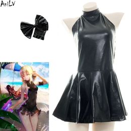 Ani Japanese Anime Fate Altria Pendragon Saber Swim Dress Swimsuit Uniform Cosplay Beach Leather Swimwear Outfit Costumes cosplay