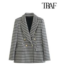 Women's Suits Blazers TRAF Women Fashion Double Breasted Houndstooth Blazer Coat Vintage Long Sleeve Flap Pockets Female Outerwear Chic Vestes 231101