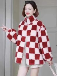 Women's Vests Long Faux Fur Coat Imitation Lamb Fleece Checkerboard Plaid Winter Coat Women Zipper Stand Neck with Thickened Fur Coat 231101