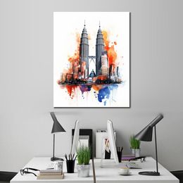 World Famous Building Petronas Towers Modern Colorful Pencil Script Art Canvas Print Picture Poster for Office Room Wall Decor