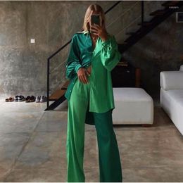 Women's Two Piece Pants Spring Outfits For Women Fashion 2023 Green Long Sleeve Shirts Straight Set Tracksuits Lady 2 Pant Suits
