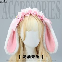 Ani Lolita Girl Cream Rabbit Headband Cute Pink Plush Bunny Ears Headwear Cosplay cosplay
