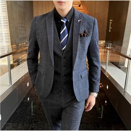 Men's Suits Blazers 3 Piece Men Groom Wedding Dress Plaid Formal Suits Set High Quality Men Fashion Casual Business Suit Three-piece Tuxedo S-7XL 231101