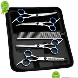 Dog Grooming Dog Grooming 5Pcs/Set Stainless Steel Pet Dogs Scissors Suit Hairdresser For Professional Animal Barber Cutting Tools Dro Dhzhf