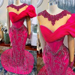 Plus Size Aso Ebi Prom Dresses Fuchsia One Shoulder Mermaid Beaded African Sparkling Crystal Evening Dress Second Reception Gowns Club Formal Vestidos robes de