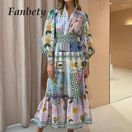 Casual Dresses Women Stand Printed Vintage Long Dress Painted Print Sleeve Temperament Patchwork Ruffle Maxi Elegant Robe Vestidos