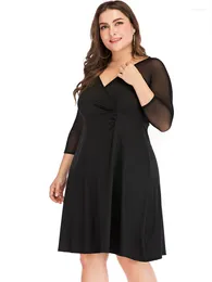 Plus Size Dresses Women's Spring Mesh Long Sleeve Spliced Solid Color Waist Large Dress Women Clothing Party