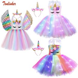 Cosplay Kids Unicorn Costume Girls Birthday Party LED Lights Sequin Rainbow Tutu Dress World Book Day Shiny Princess Cosplay Costume 230331