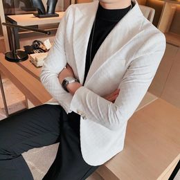 Men's Suits Jacquard Woven Suit Jacket 2023 Autumn And Winter Korean Version Of Slim Solid Color White Clothing Blazers Coat 4XL