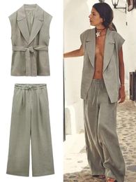 Women's Two Piece Pants Light Green Suit 2023 Summer Comfortable Belt Vest Top Fashion Linen Blended Elastic Waist High Wide Leg Women