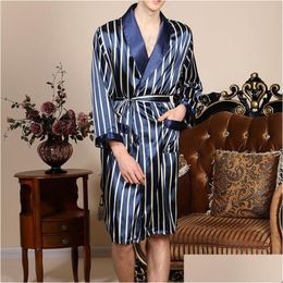 Men'S Sleepwear Spring Fashion Sleepwear Mens Silk Satin Pajamas Sets Robe Striped Long Sleeves Bathrobe Kimono Night Dressing Gown Dr Dhhgq