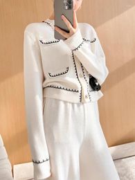 Women's Two Piece Pants 2023 Spring Women Temperament Knitted Set Single Breasted Sweater Cardigan Tops High Waist Wide Leg Suits