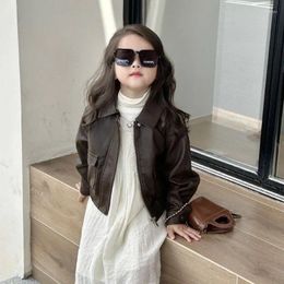 Jackets Children Clothing Korean Style 2023 Autumn And Winter Vintage Pu Leather Jacket Thick Handsome Short Coat For Girls